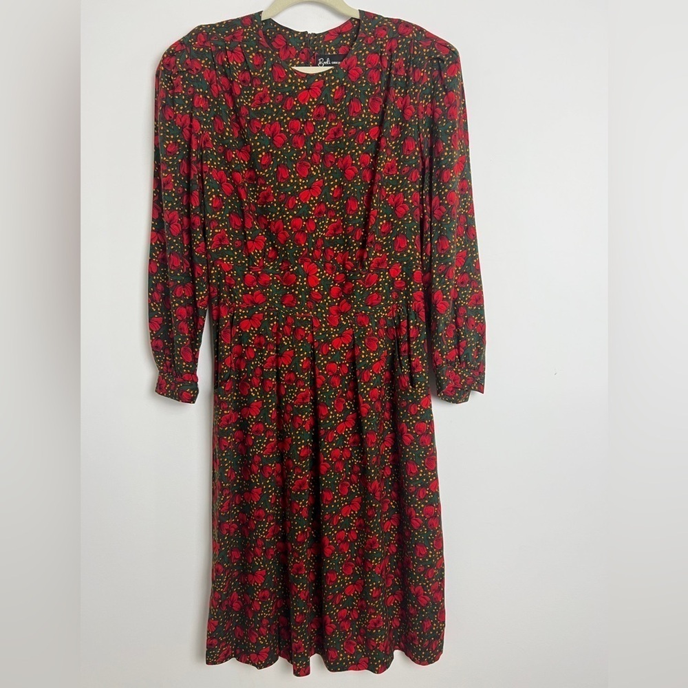 Vintage Breli Originals Womens Hunter Green‎ Red Floral Sz 16 Prairie Midi Dress